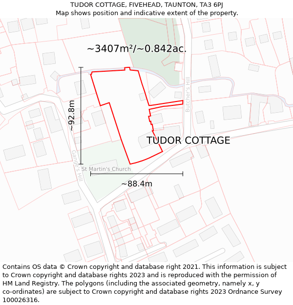 TUDOR COTTAGE, FIVEHEAD, TAUNTON, TA3 6PJ: Plot and title map