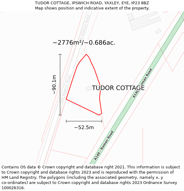 TUDOR COTTAGE, IPSWICH ROAD, YAXLEY, EYE, IP23 8BZ: Plot and title map
