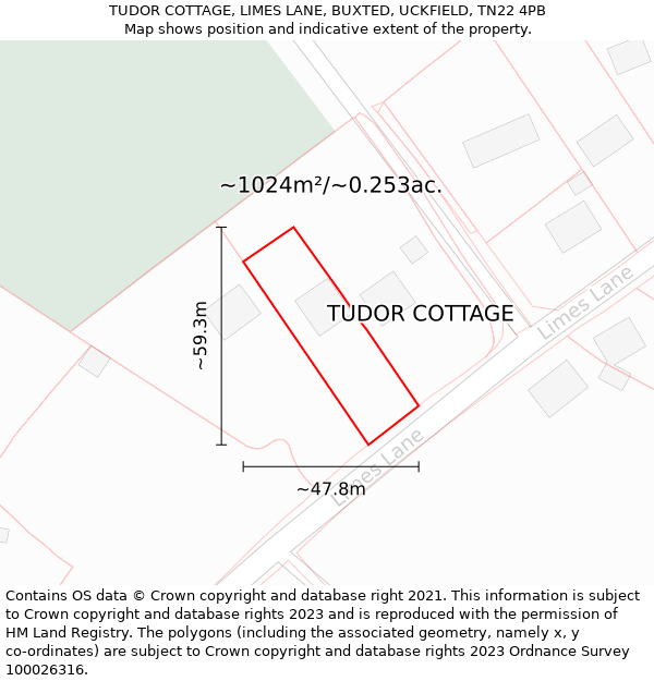 TUDOR COTTAGE, LIMES LANE, BUXTED, UCKFIELD, TN22 4PB: Plot and title map