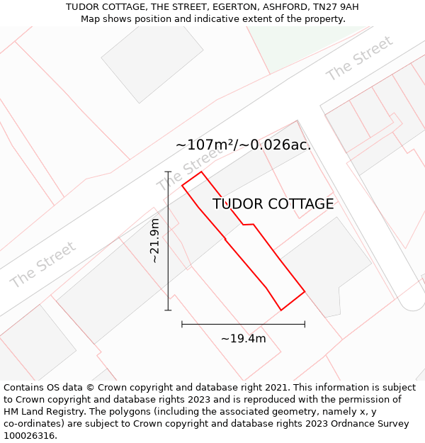 TUDOR COTTAGE, THE STREET, EGERTON, ASHFORD, TN27 9AH: Plot and title map