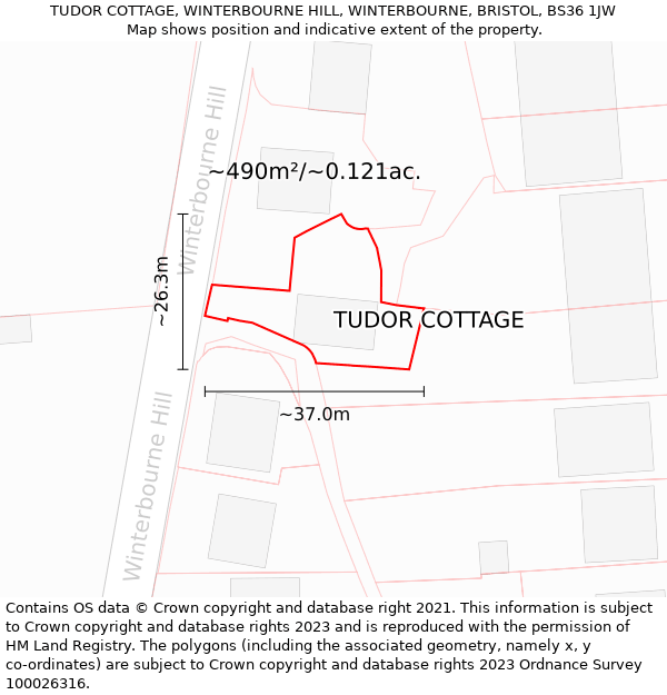 TUDOR COTTAGE, WINTERBOURNE HILL, WINTERBOURNE, BRISTOL, BS36 1JW: Plot and title map