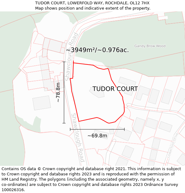 TUDOR COURT, LOWERFOLD WAY, ROCHDALE, OL12 7HX: Plot and title map