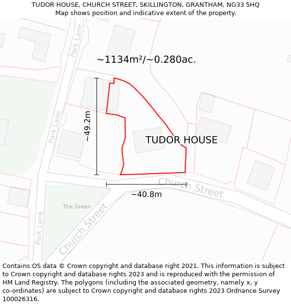 TUDOR HOUSE, CHURCH STREET, SKILLINGTON, GRANTHAM, NG33 5HQ: Plot and title map