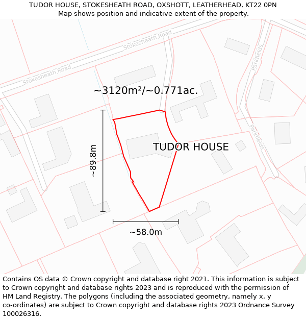TUDOR HOUSE, STOKESHEATH ROAD, OXSHOTT, LEATHERHEAD, KT22 0PN: Plot and title map
