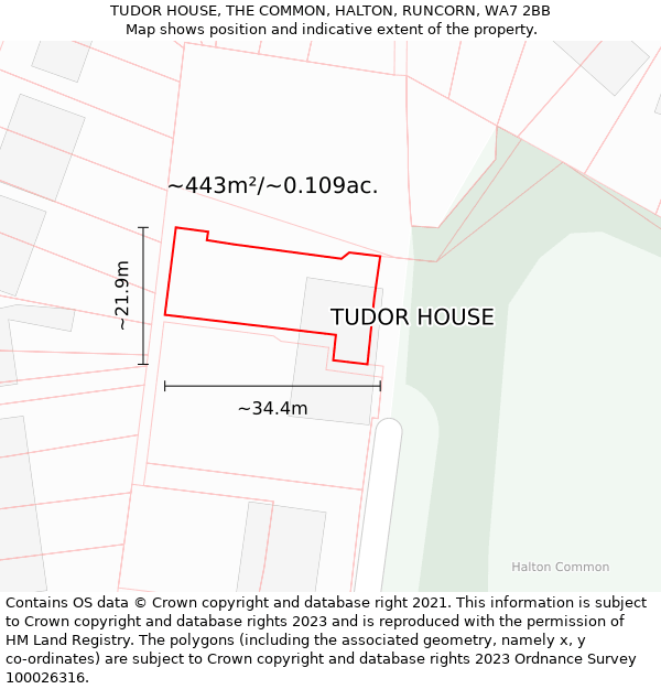 TUDOR HOUSE, THE COMMON, HALTON, RUNCORN, WA7 2BB: Plot and title map