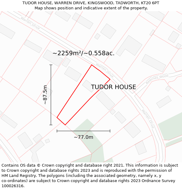 TUDOR HOUSE, WARREN DRIVE, KINGSWOOD, TADWORTH, KT20 6PT: Plot and title map