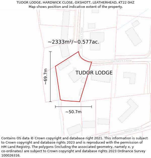 TUDOR LODGE, HARDWICK CLOSE, OXSHOTT, LEATHERHEAD, KT22 0HZ: Plot and title map