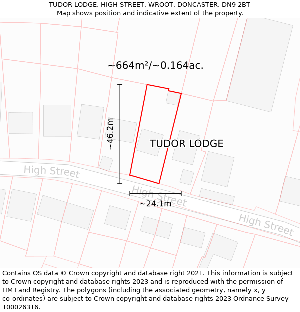 TUDOR LODGE, HIGH STREET, WROOT, DONCASTER, DN9 2BT: Plot and title map