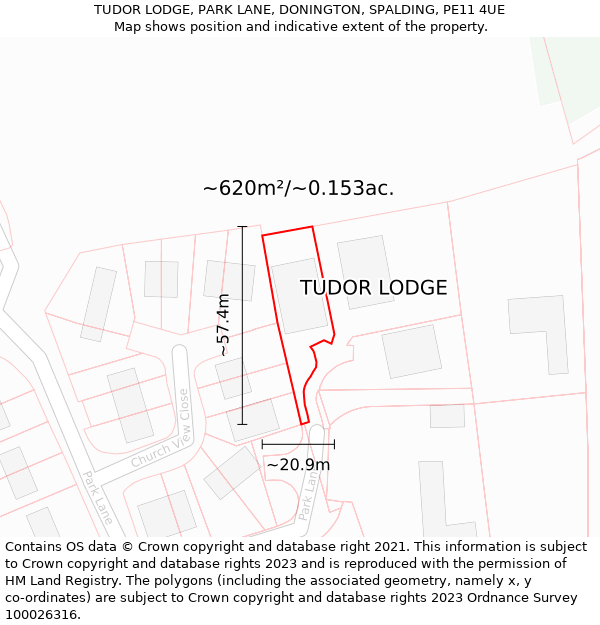 TUDOR LODGE, PARK LANE, DONINGTON, SPALDING, PE11 4UE: Plot and title map