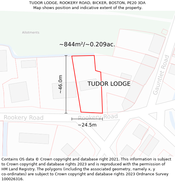 TUDOR LODGE, ROOKERY ROAD, BICKER, BOSTON, PE20 3DA: Plot and title map