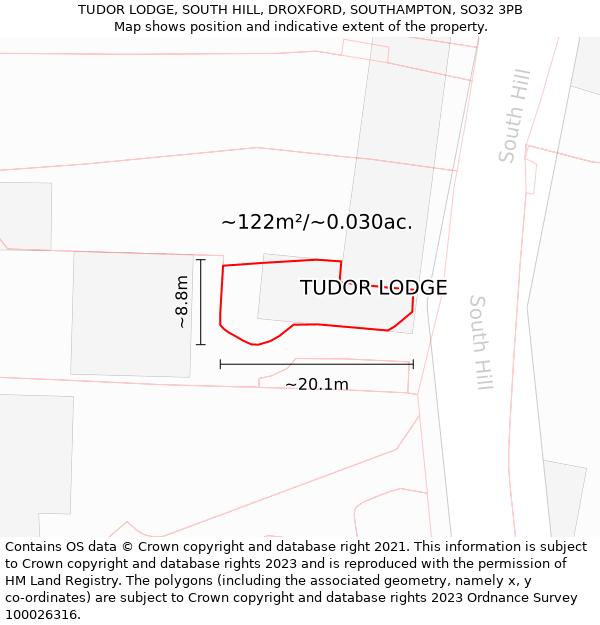 TUDOR LODGE, SOUTH HILL, DROXFORD, SOUTHAMPTON, SO32 3PB: Plot and title map
