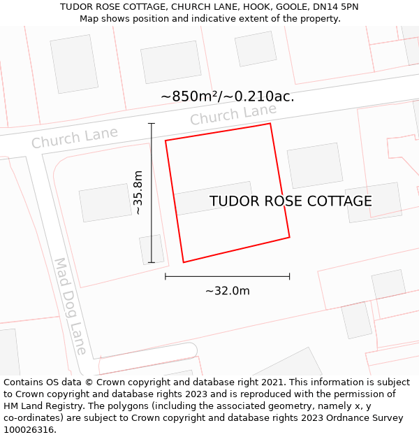 TUDOR ROSE COTTAGE, CHURCH LANE, HOOK, GOOLE, DN14 5PN: Plot and title map