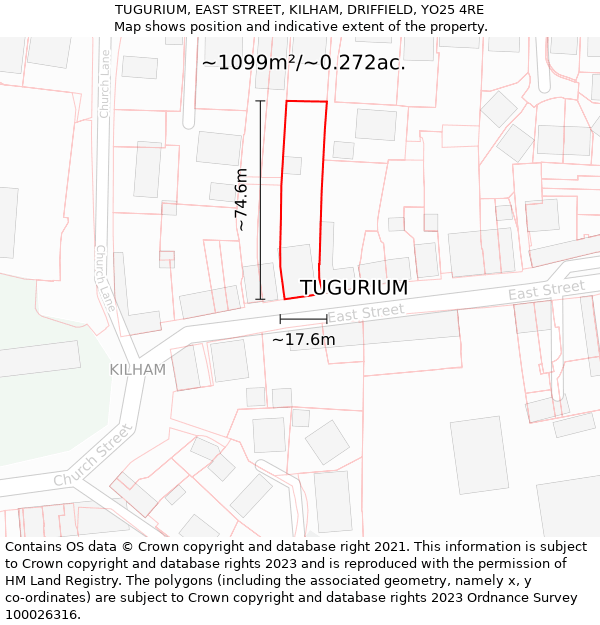 TUGURIUM, EAST STREET, KILHAM, DRIFFIELD, YO25 4RE: Plot and title map