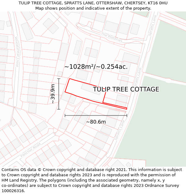 TULIP TREE COTTAGE, SPRATTS LANE, OTTERSHAW, CHERTSEY, KT16 0HU: Plot and title map