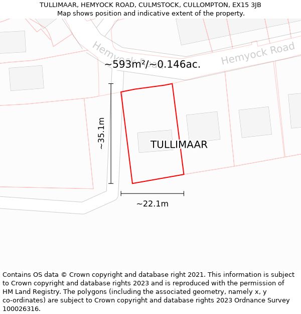 TULLIMAAR, HEMYOCK ROAD, CULMSTOCK, CULLOMPTON, EX15 3JB: Plot and title map