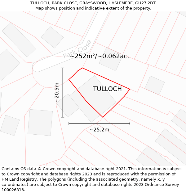 TULLOCH, PARK CLOSE, GRAYSWOOD, HASLEMERE, GU27 2DT: Plot and title map