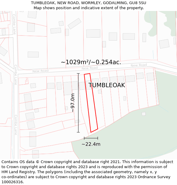 TUMBLEOAK, NEW ROAD, WORMLEY, GODALMING, GU8 5SU: Plot and title map