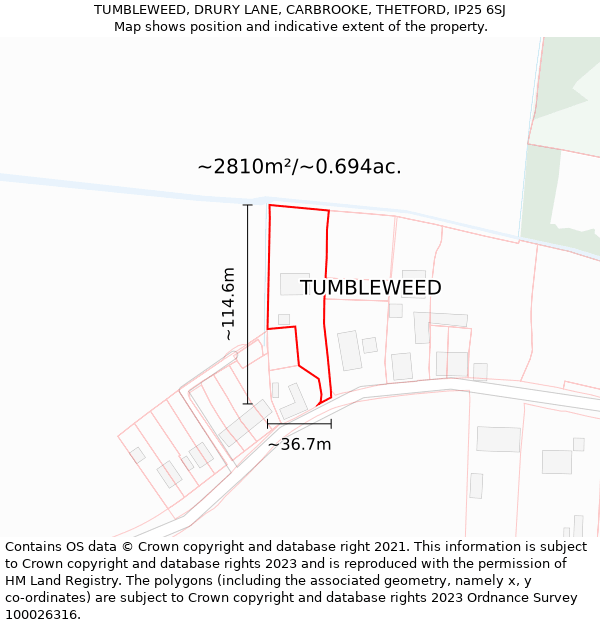 TUMBLEWEED, DRURY LANE, CARBROOKE, THETFORD, IP25 6SJ: Plot and title map