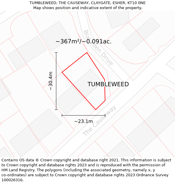 TUMBLEWEED, THE CAUSEWAY, CLAYGATE, ESHER, KT10 0NE: Plot and title map