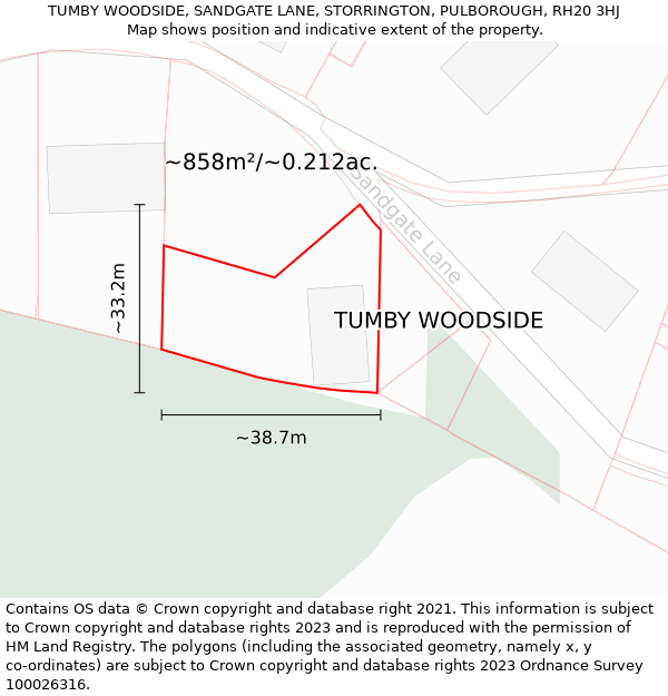 TUMBY WOODSIDE, SANDGATE LANE, STORRINGTON, PULBOROUGH, RH20 3HJ: Plot and title map