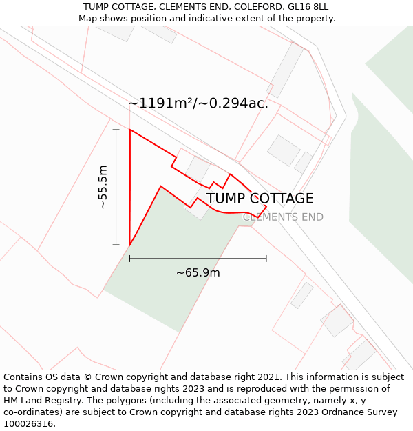 TUMP COTTAGE, CLEMENTS END, COLEFORD, GL16 8LL: Plot and title map