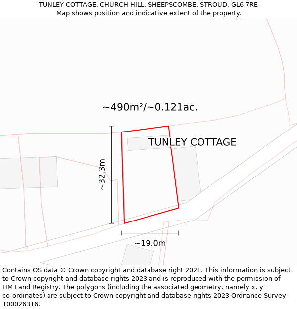 TUNLEY COTTAGE, CHURCH HILL, SHEEPSCOMBE, STROUD, GL6 7RE: Plot and title map