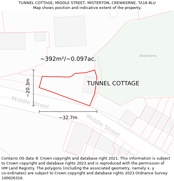 TUNNEL COTTAGE, MIDDLE STREET, MISTERTON, CREWKERNE, TA18 8LU: Plot and title map