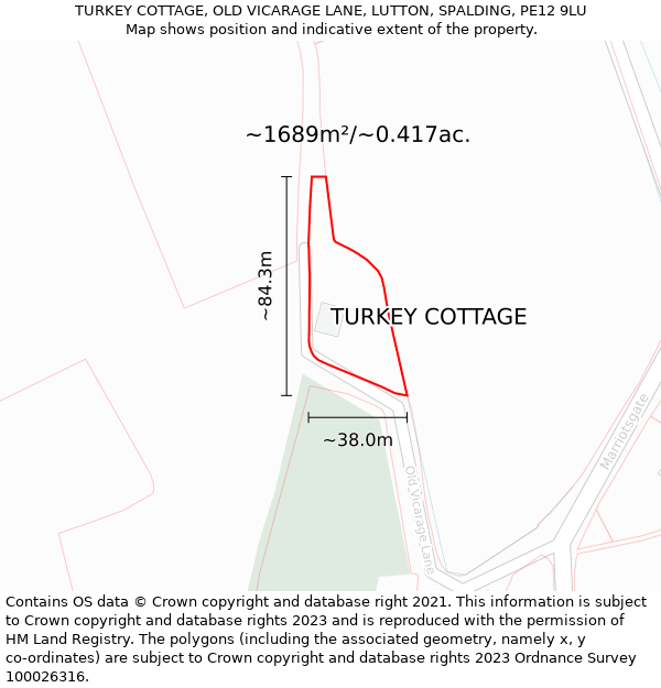 TURKEY COTTAGE, OLD VICARAGE LANE, LUTTON, SPALDING, PE12 9LU: Plot and title map