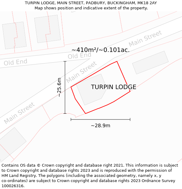 TURPIN LODGE, MAIN STREET, PADBURY, BUCKINGHAM, MK18 2AY: Plot and title map
