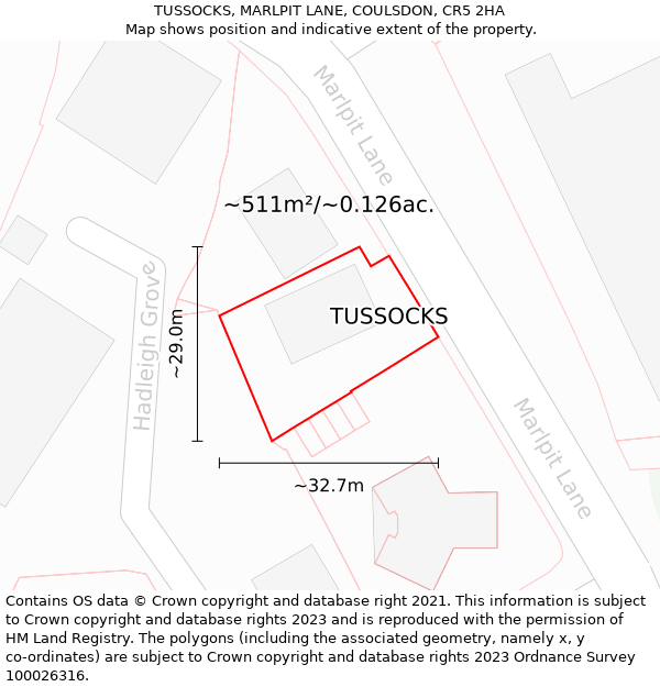 TUSSOCKS, MARLPIT LANE, COULSDON, CR5 2HA: Plot and title map