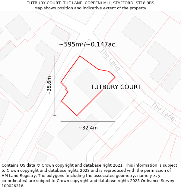 TUTBURY COURT, THE LANE, COPPENHALL, STAFFORD, ST18 9BS: Plot and title map