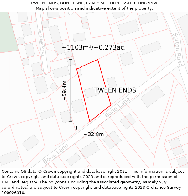 TWEEN ENDS, BONE LANE, CAMPSALL, DONCASTER, DN6 9AW: Plot and title map