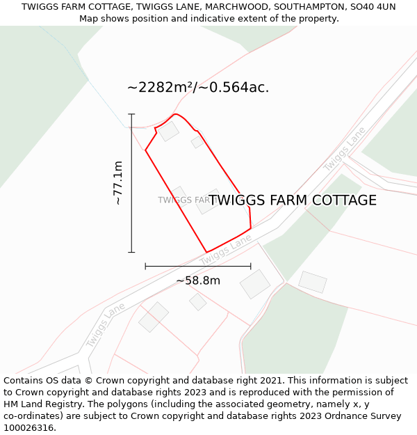 TWIGGS FARM COTTAGE, TWIGGS LANE, MARCHWOOD, SOUTHAMPTON, SO40 4UN: Plot and title map