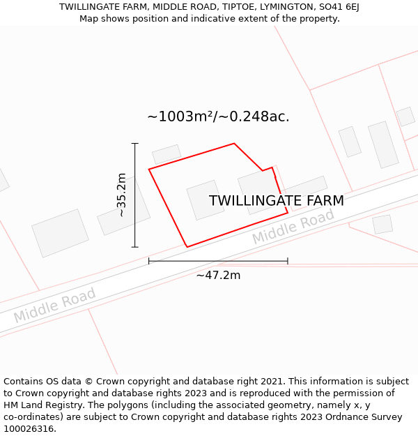 TWILLINGATE FARM, MIDDLE ROAD, TIPTOE, LYMINGTON, SO41 6EJ: Plot and title map