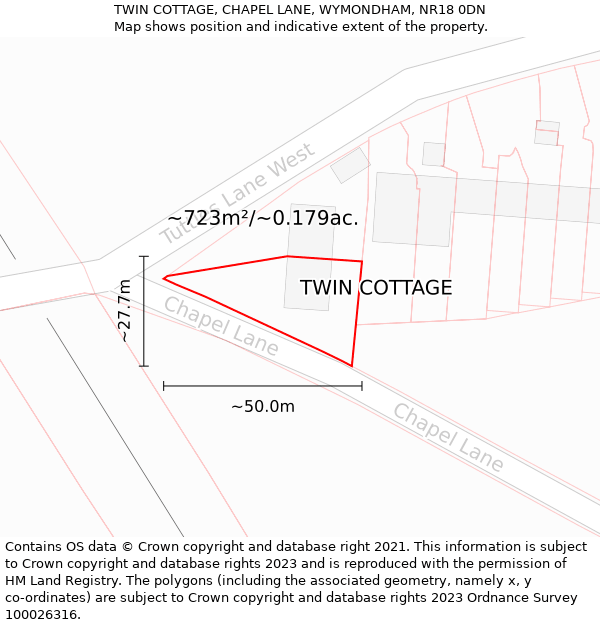 TWIN COTTAGE, CHAPEL LANE, WYMONDHAM, NR18 0DN: Plot and title map