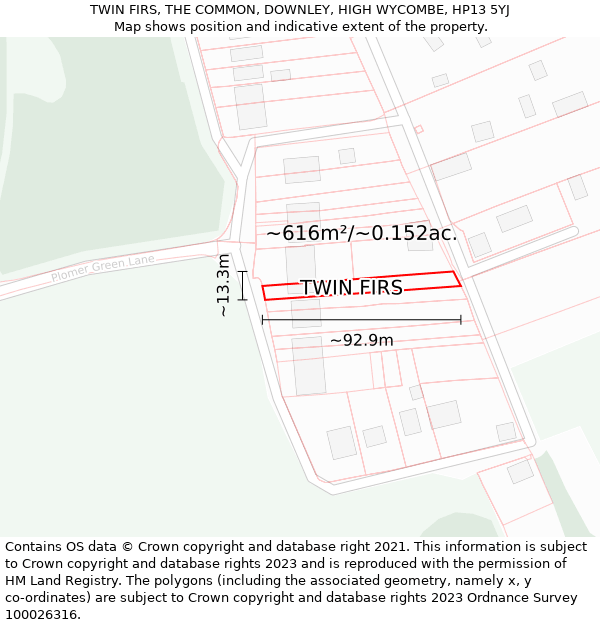 TWIN FIRS, THE COMMON, DOWNLEY, HIGH WYCOMBE, HP13 5YJ: Plot and title map