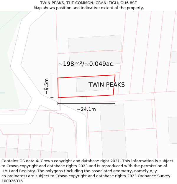 TWIN PEAKS, THE COMMON, CRANLEIGH, GU6 8SE: Plot and title map