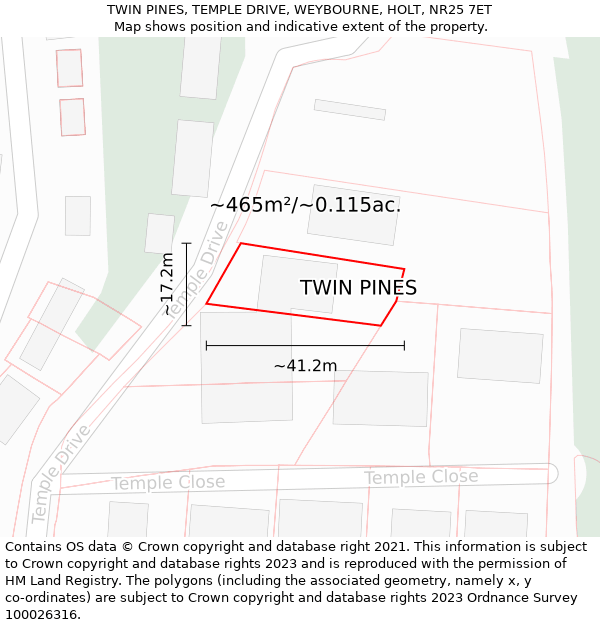 TWIN PINES, TEMPLE DRIVE, WEYBOURNE, HOLT, NR25 7ET: Plot and title map