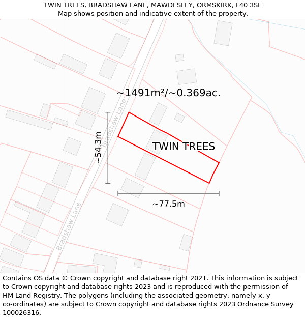 TWIN TREES, BRADSHAW LANE, MAWDESLEY, ORMSKIRK, L40 3SF: Plot and title map