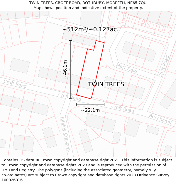 TWIN TREES, CROFT ROAD, ROTHBURY, MORPETH, NE65 7QU: Plot and title map