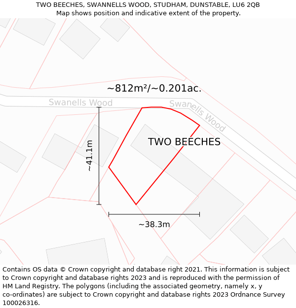 TWO BEECHES, SWANNELLS WOOD, STUDHAM, DUNSTABLE, LU6 2QB: Plot and title map