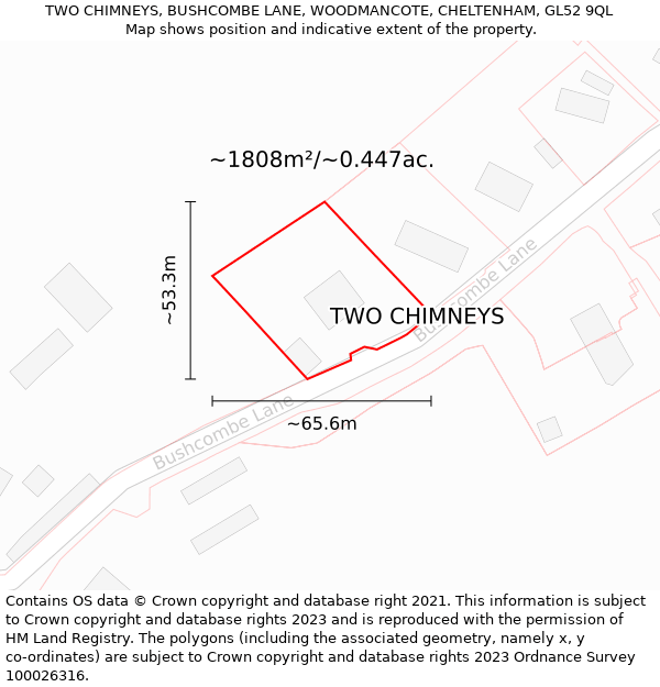 TWO CHIMNEYS, BUSHCOMBE LANE, WOODMANCOTE, CHELTENHAM, GL52 9QL: Plot and title map