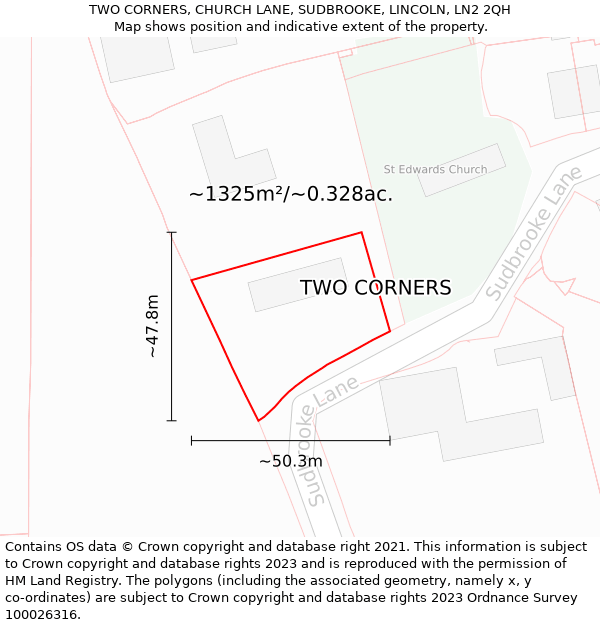 TWO CORNERS, CHURCH LANE, SUDBROOKE, LINCOLN, LN2 2QH: Plot and title map