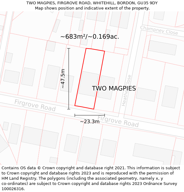 TWO MAGPIES, FIRGROVE ROAD, WHITEHILL, BORDON, GU35 9DY: Plot and title map