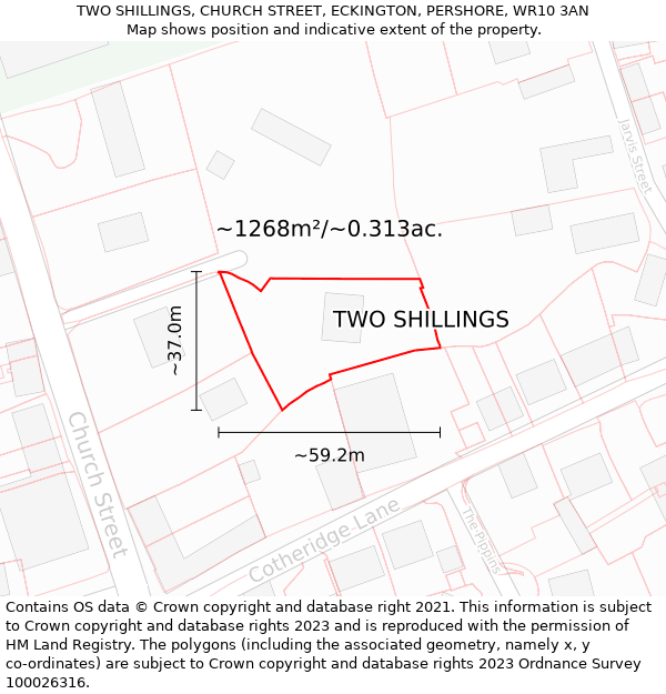 TWO SHILLINGS, CHURCH STREET, ECKINGTON, PERSHORE, WR10 3AN: Plot and title map