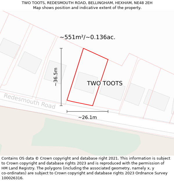 TWO TOOTS, REDESMOUTH ROAD, BELLINGHAM, HEXHAM, NE48 2EH: Plot and title map