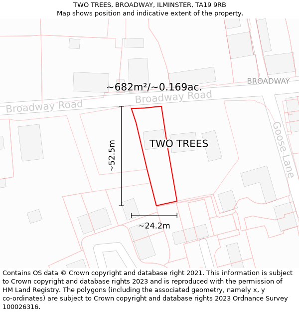 TWO TREES, BROADWAY, ILMINSTER, TA19 9RB: Plot and title map