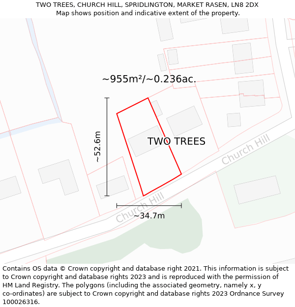 TWO TREES, CHURCH HILL, SPRIDLINGTON, MARKET RASEN, LN8 2DX: Plot and title map