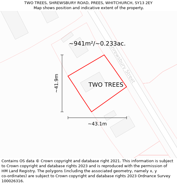 TWO TREES, SHREWSBURY ROAD, PREES, WHITCHURCH, SY13 2EY: Plot and title map