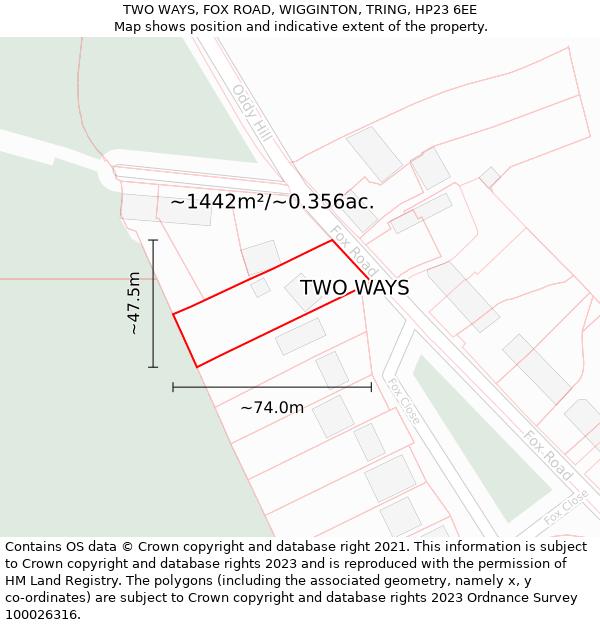 TWO WAYS, FOX ROAD, WIGGINTON, TRING, HP23 6EE: Plot and title map